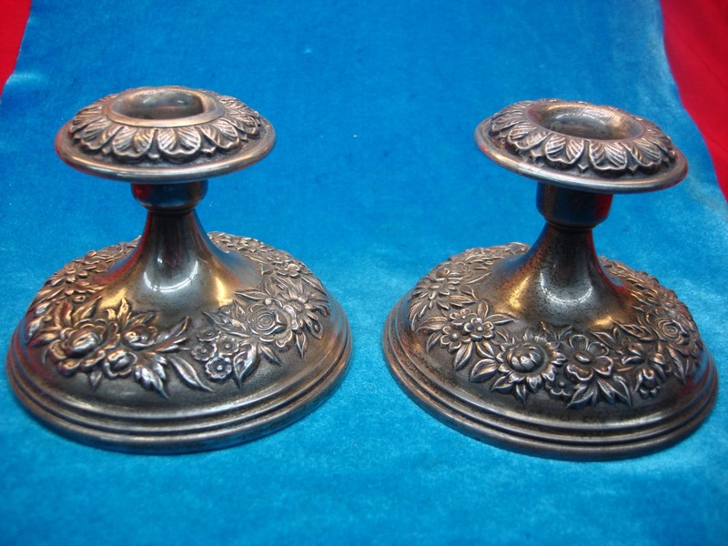 Pair of vintage S. Kirk & Son sterling silver rose floral repoussé candle sticks (#109F)