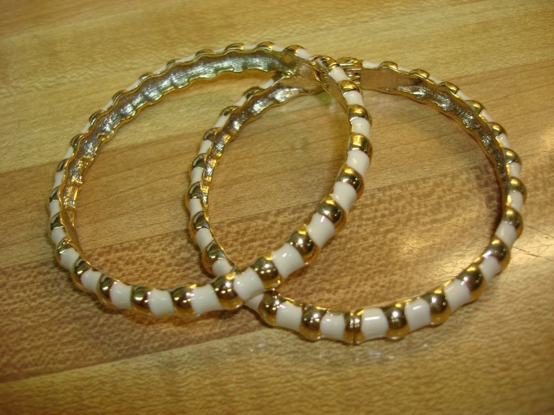 Vintage gold tone and enamel hinged bracelets, estate find, near mint condition