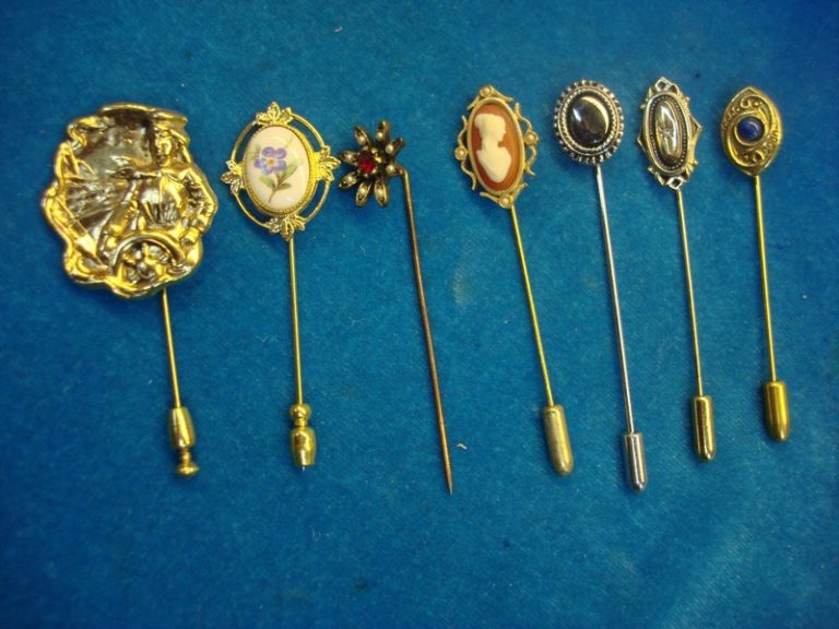 7 unique vintage stick pins, estate find, collectible pin set