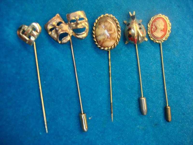 Vintage stick pins, five unique estate finds with safety ends
