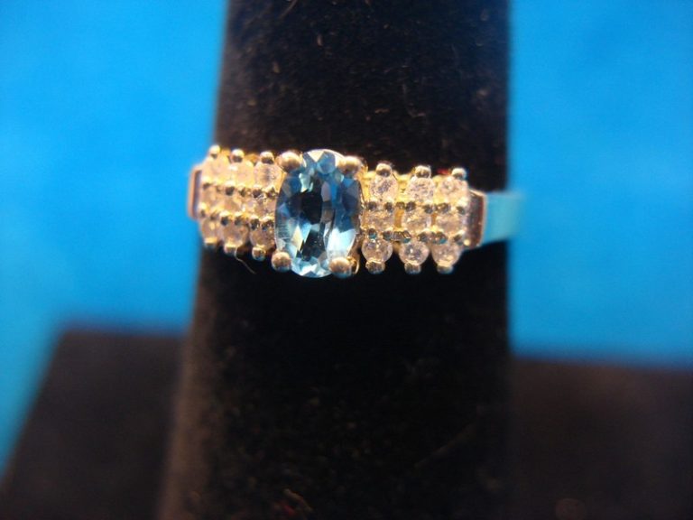 14K yellow gold blue topaz and diamond waterfall ring, size 6 1/2