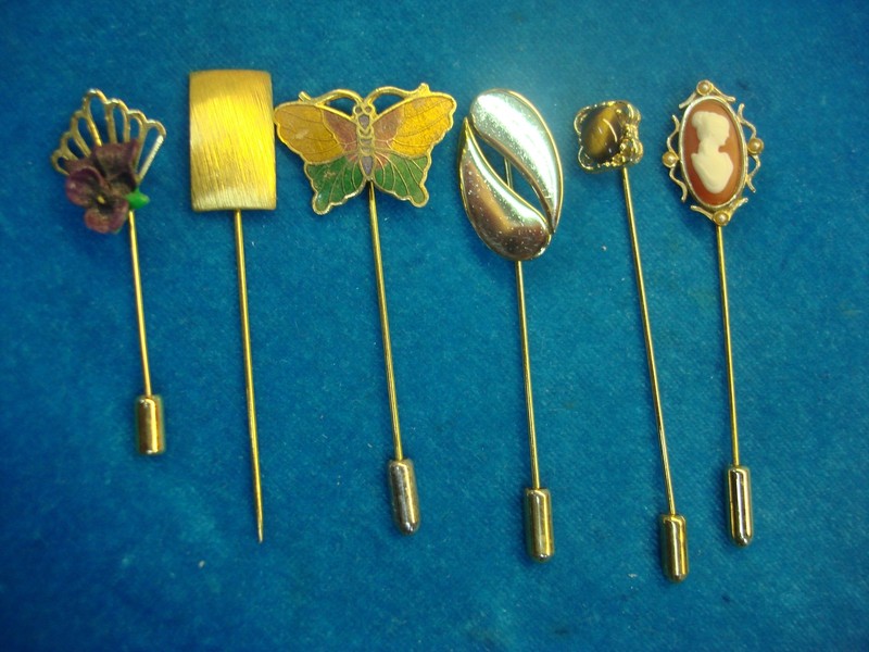 Set of 6 vintage stick pins with finger guards