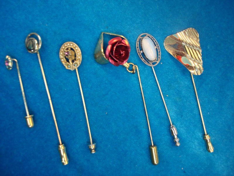Set of 6 vintage stick pins with finger protectors