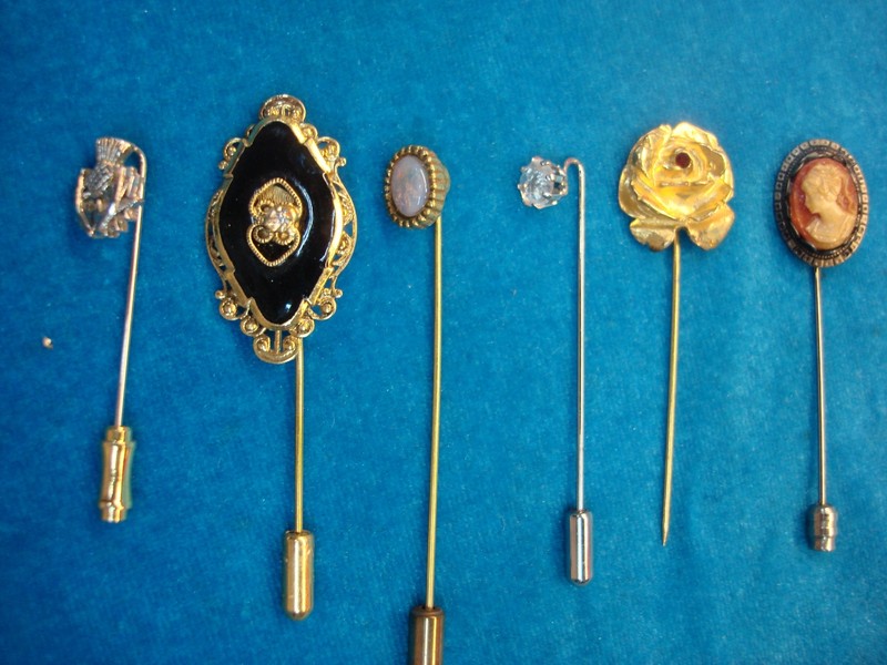 6 vintage stick pins, unique estate collection, 5 with finger protectors