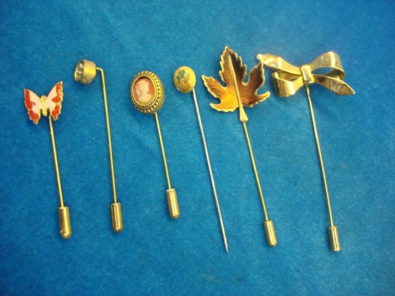 Vintage stick pin lot of 6, unique estate pins with finger protectors