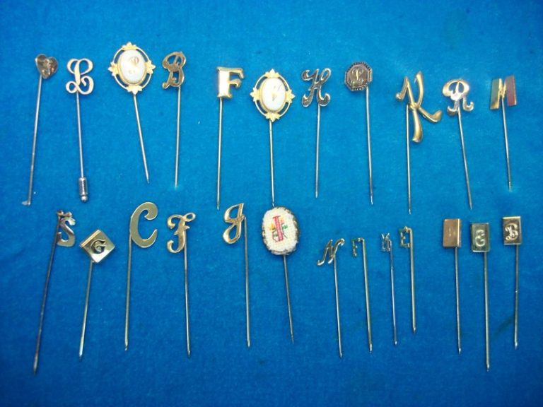 Set of 24 vintage initial stick pins, unique estate finds.