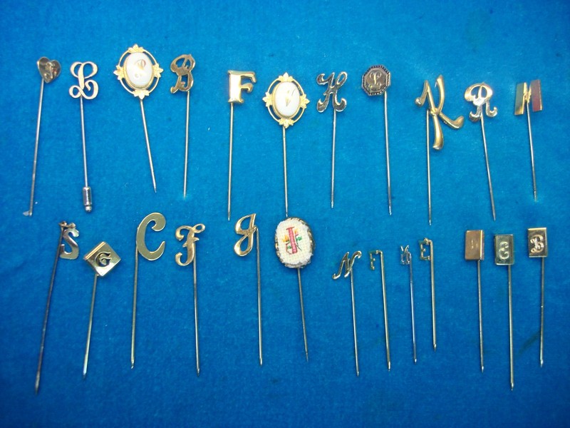 Set of 24 vintage initial stick pins, unique estate finds.