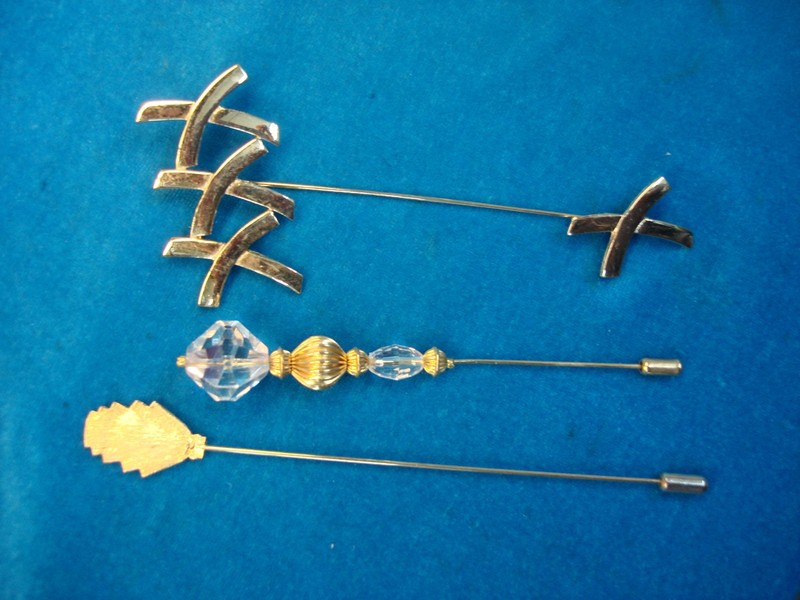 Set of three vintage hat pins, unique and pretty estate finds.
