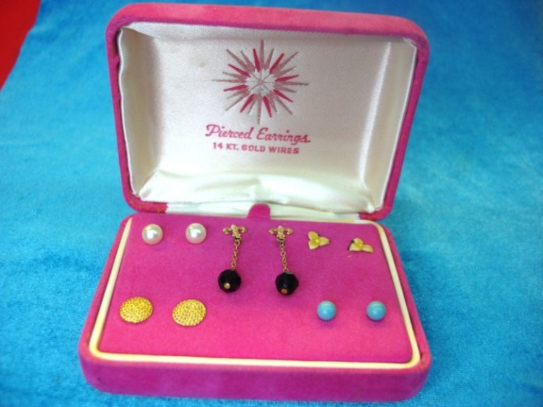 Vintage set of five pairs of stud earrings with 14k gold wire posts, new in original box