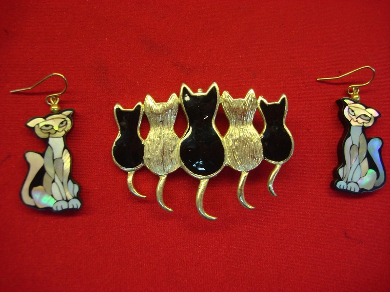 Cute enamel cat earrings and pin set
