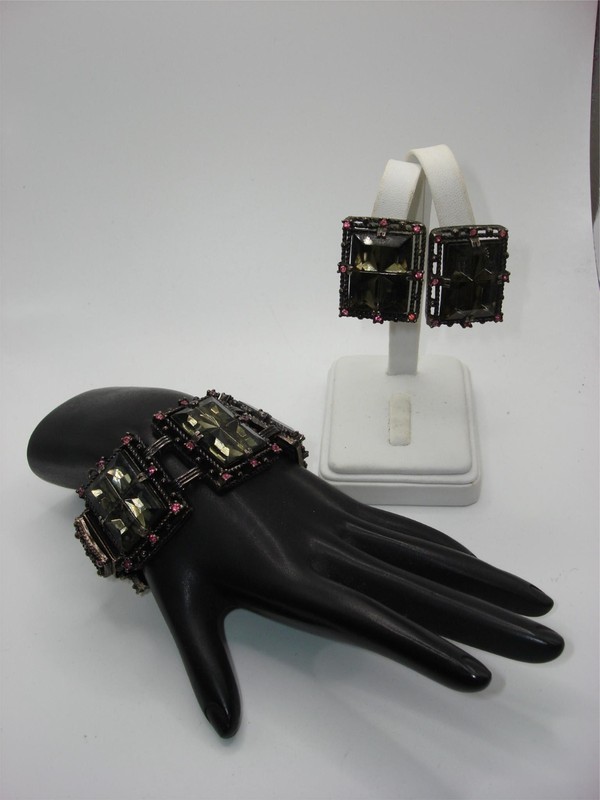 Vintage Sarah Coventry black and pink rhinestone bracelet and earrings set