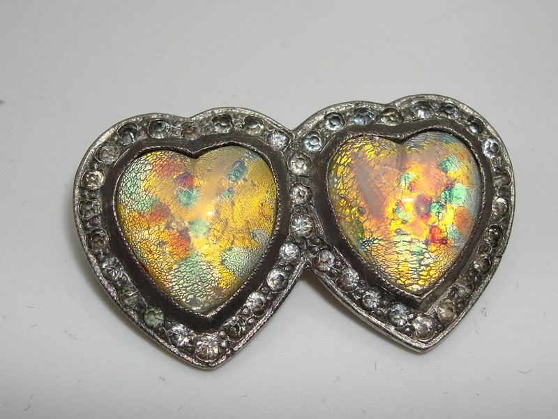 Vintage 1930s-40s foiled glass hearts rhinestone pin, silver tone charm