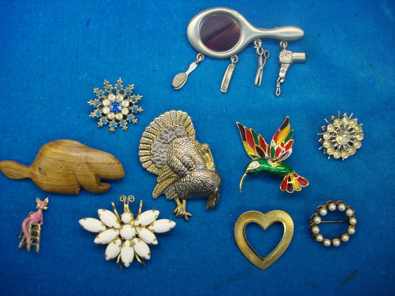 Lot of 10 vintage costume pins with unique designs
