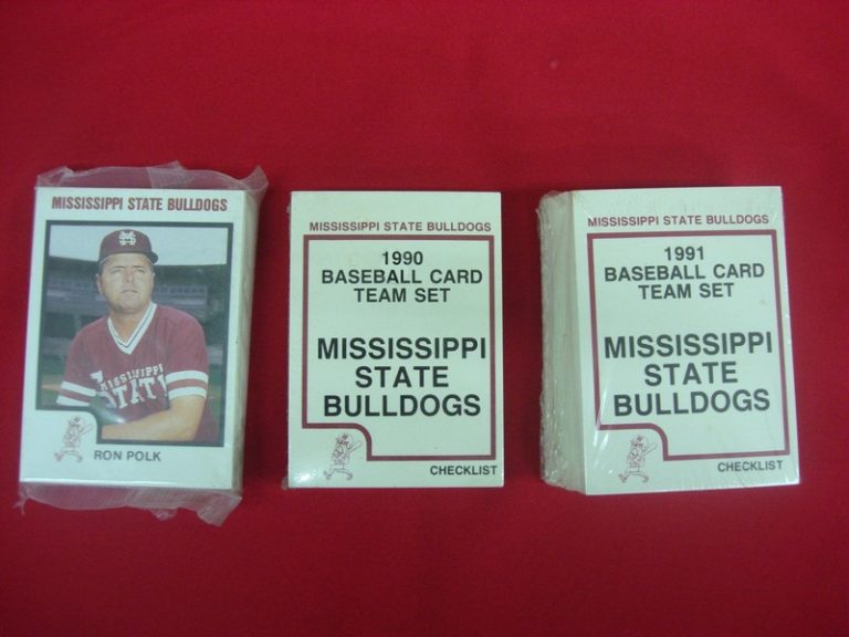 Vintage Mississippi State Bulldogs baseball card sets (1988-1991) featuring Will Clark and Rafael Palmeiro, factory sealed