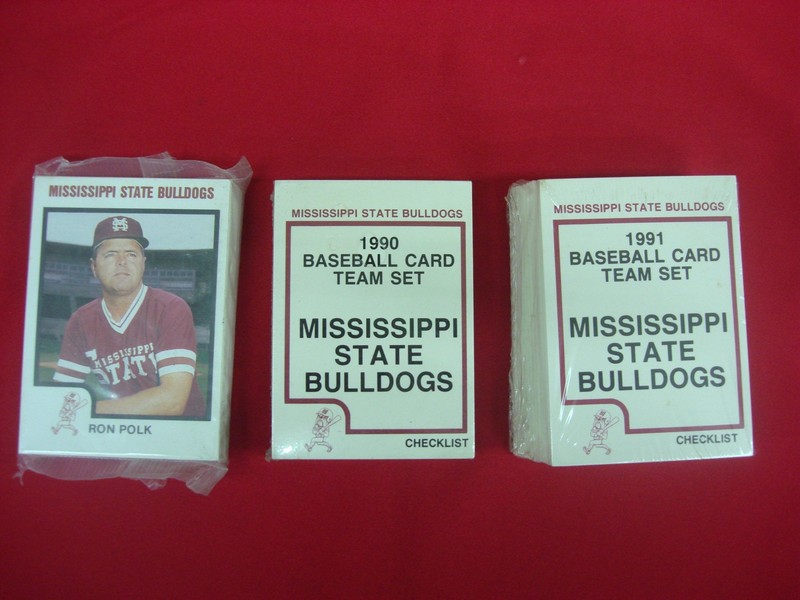 Vintage Mississippi State Bulldogs baseball card sets (1988-1991) featuring Will Clark and Rafael Palmeiro, factory sealed
