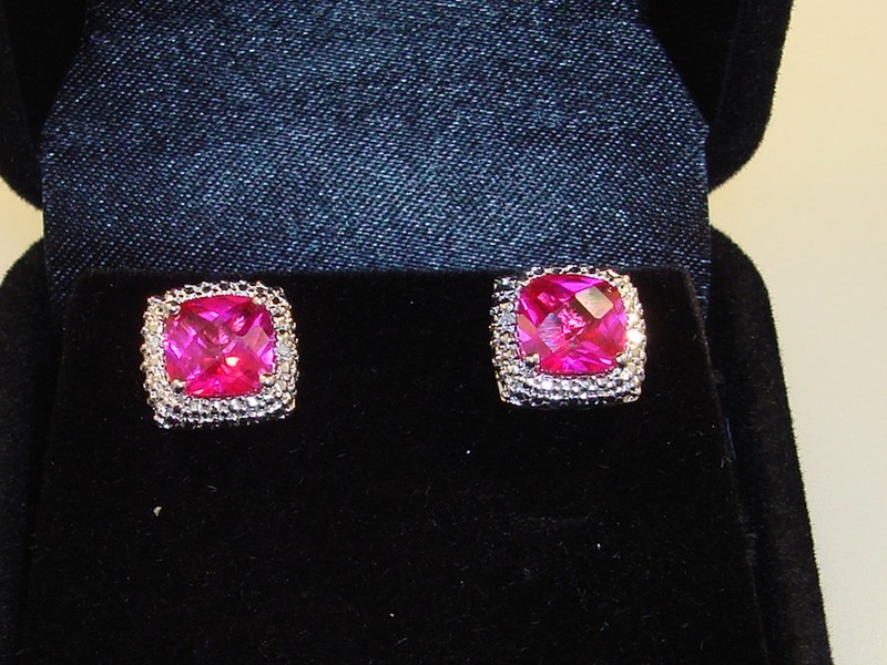 Sterling silver stud earrings with pink topaz and diamonds