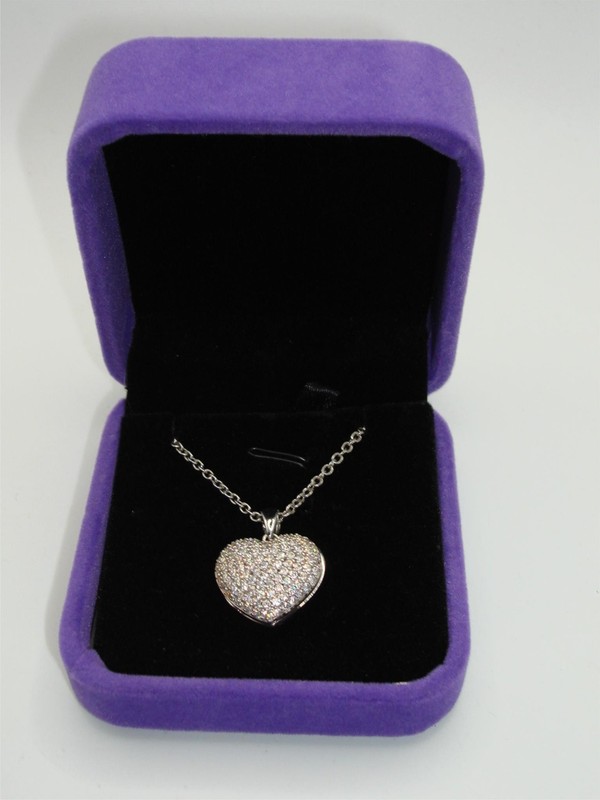 Sterling silver pave diamond heart locket necklace