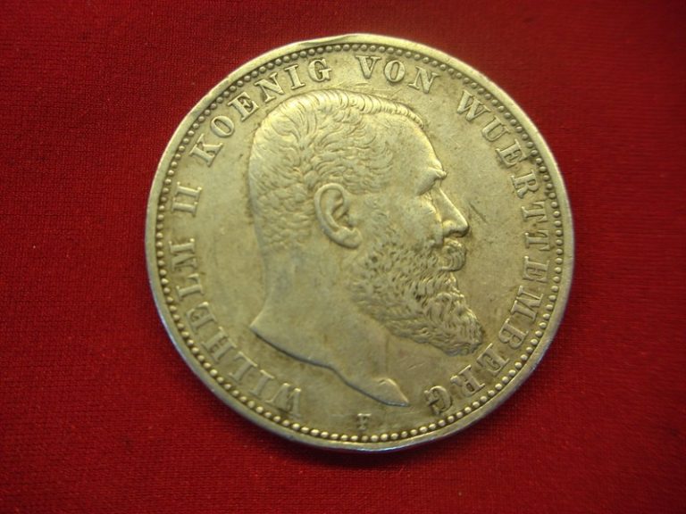Antique 1908 Württemberg Germany 5 Mark Silver Coin (.900 Fine, 27.7g)