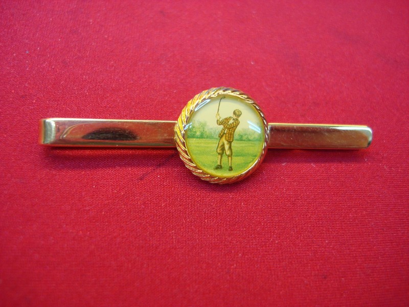 Vintage golf tie clip with gold-tone metal and red stone accent