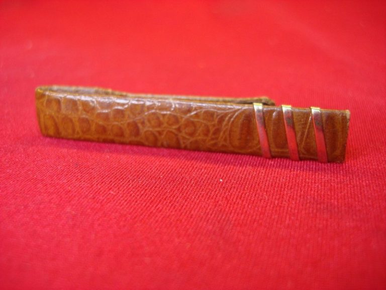 Vintage alligator hide tie clip with gold-tone metal accent