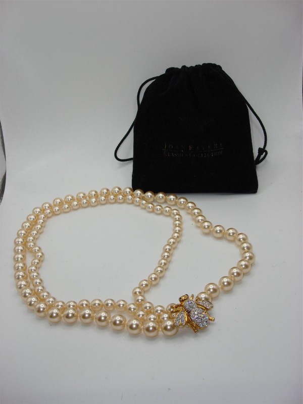 Vintage Joan Rivers double strand pearl & rhinestone bee clasp necklace