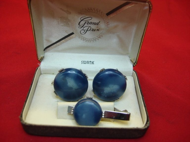 Vintage Pioneer by Swank Silver-Tone Cufflinks & Tie Clip Set with Blue Stones