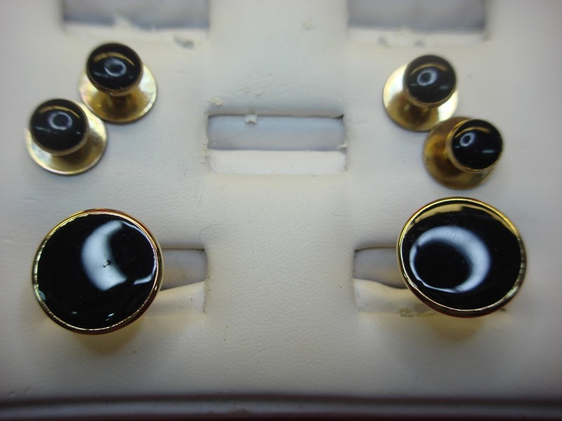 Vintage gold tone onyx cufflinks and shirt studs set