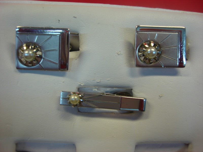 Vintage silver tone faux pearl cufflinks and tie clip set