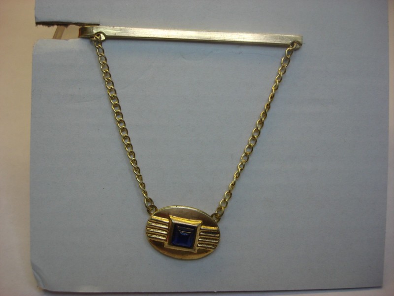 Vintage blue stone tie clip with dangle and chain. Unique bar design.