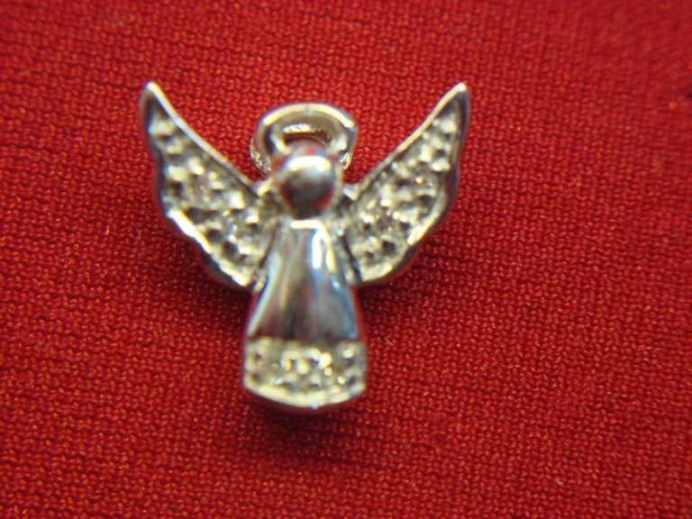 Petite 10K white gold angel pendant with diamonds
