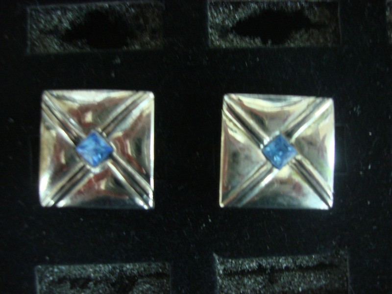 Vintage Pioneer Silver-Tone Cufflinks with Blue Stones - #117