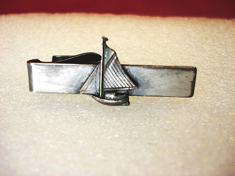 Vintage pewter sailboat tie clip, nautical mens accessory