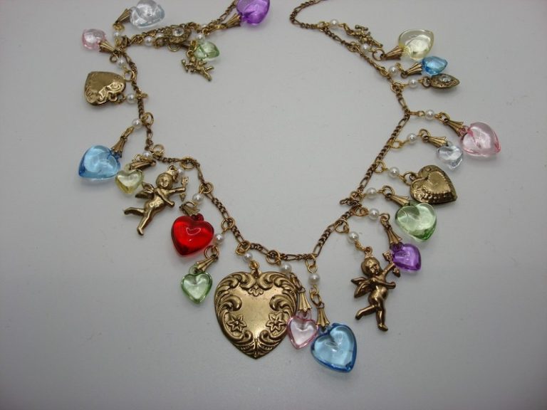 Vintage Michel Negrin Puffy Hearts & Cupid Charm Necklace