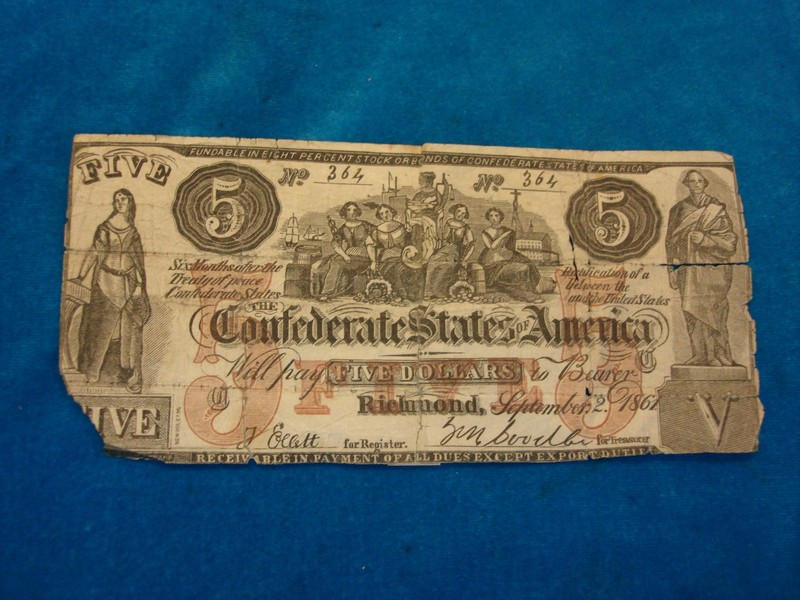 Used Confederate Contemporary Counterfeit $5 Note CT-31