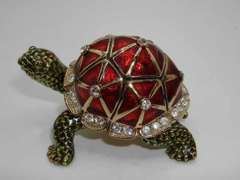 Red and gold enameled turtle trinket box with cubic zirconia accents