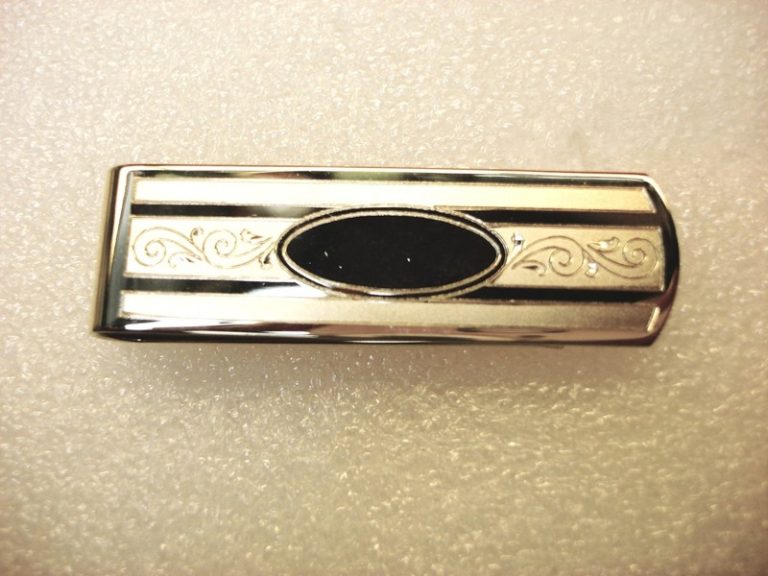 Vintage gold-tone money clip with slate blue insert