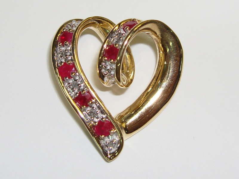 14K Gold Reversible Floating Heart Pendant with Sapphires, Rubies & Diamonds