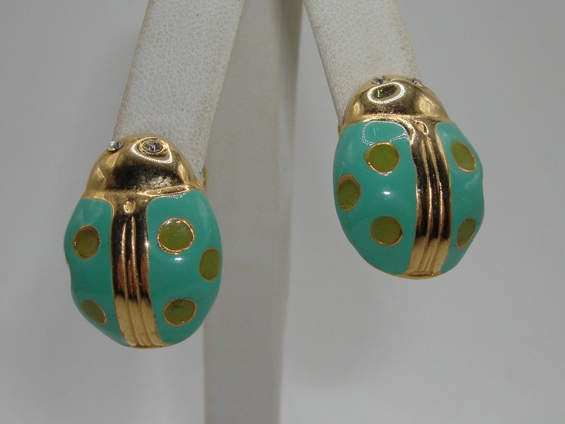 Vintage Gay Boyer enamel beetle pierced earrings with gold-tone finish and crystal eyes