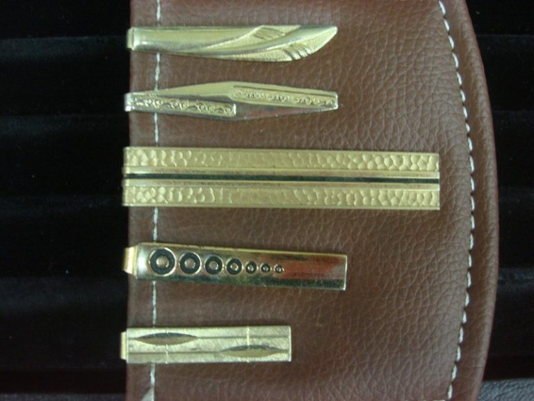Set of 5 vintage gold-tone tie clips in unique retro designs