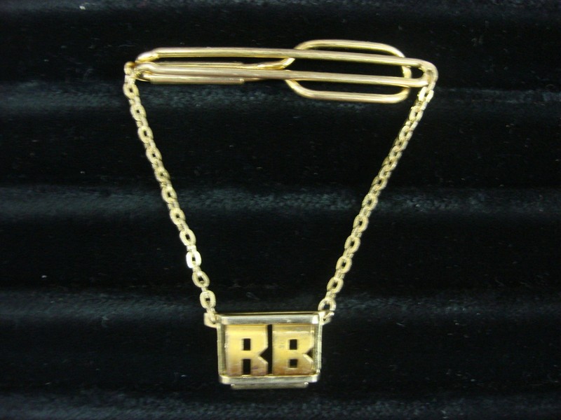 Vintage Swank gold-tone tie bar chain with 'RB' initials