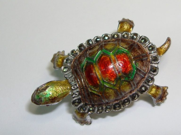 Vintage 1940s Alice Caviness Sterling Silver Turtle Brooch with Marcasites and Rhinestones