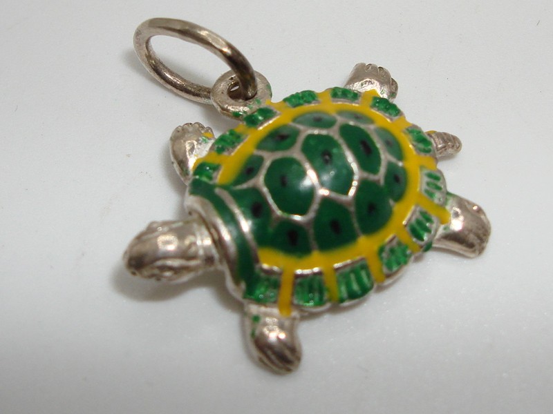 Vintage sterling silver turtle charm with green and yellow enamel