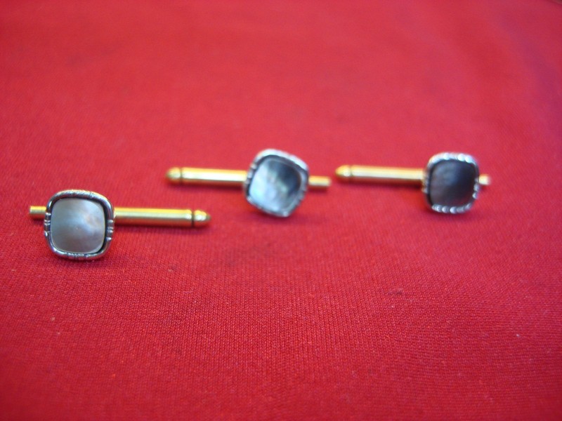 Mother-of-pearl shirt studs set, 14K gold filled, vintage estate jewelry