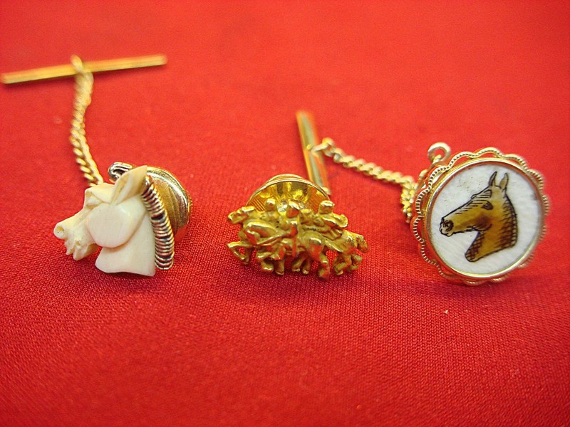 Vintage equestrian tie tack and lapel pin set, three piece lot