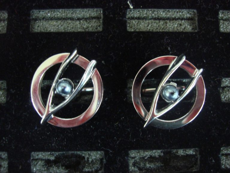 Vintage Swank silver-tone cufflinks with wishbone design and faux pearls, Pair #319