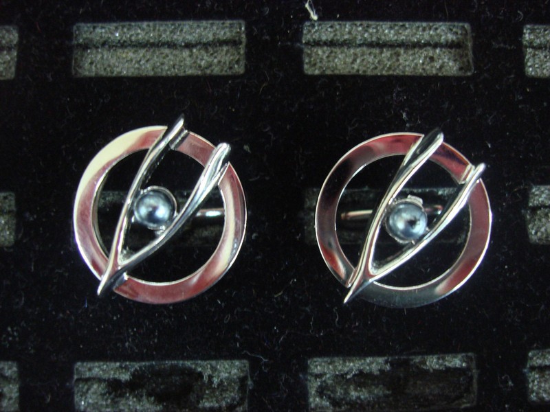 Vintage Swank silver-tone cufflinks with wishbone design and faux pearls, Pair #319