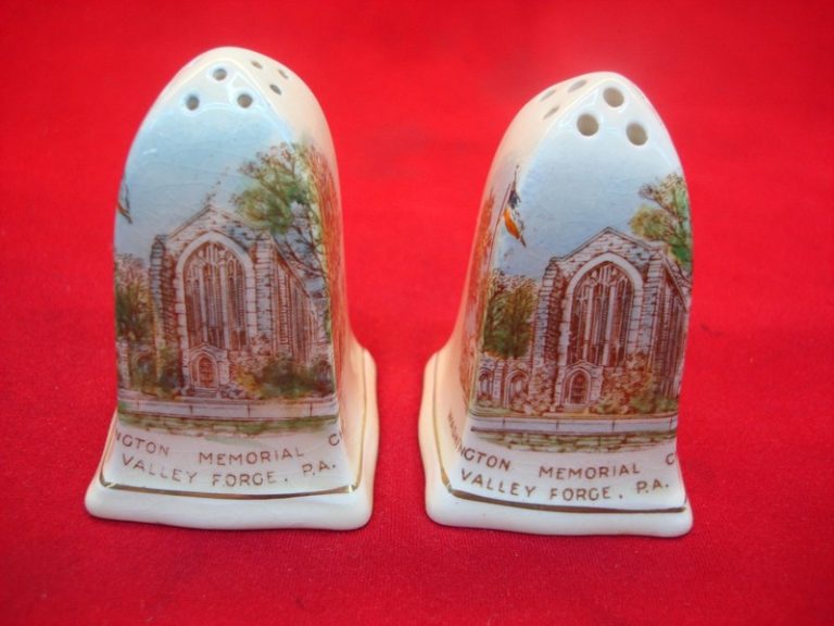 Vintage Royal Winton salt and pepper shakers depicting the Washington Memorial Chapel in Valley Forge, PA.