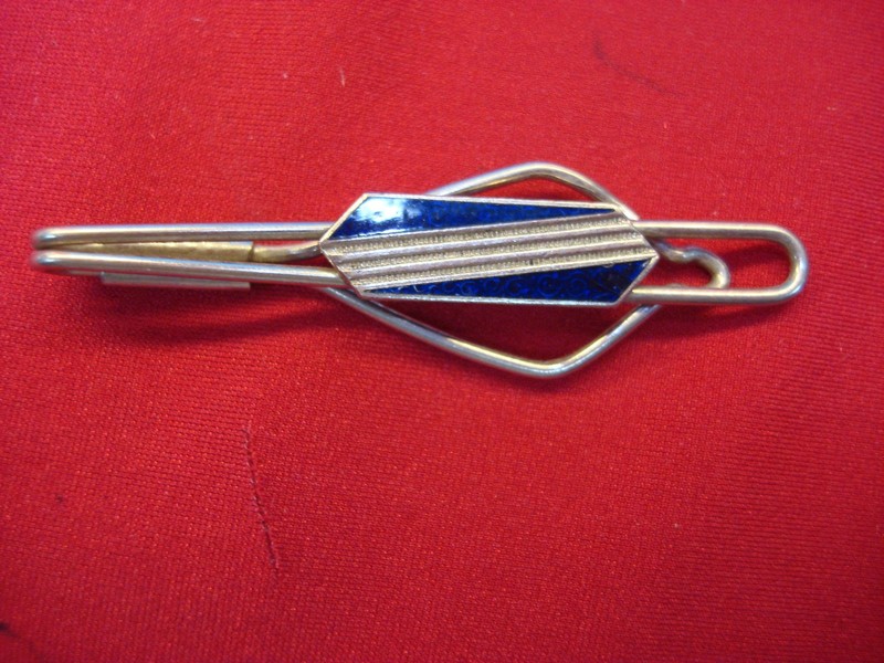 Vintage silver tone Art Deco tie clip with blue enamel