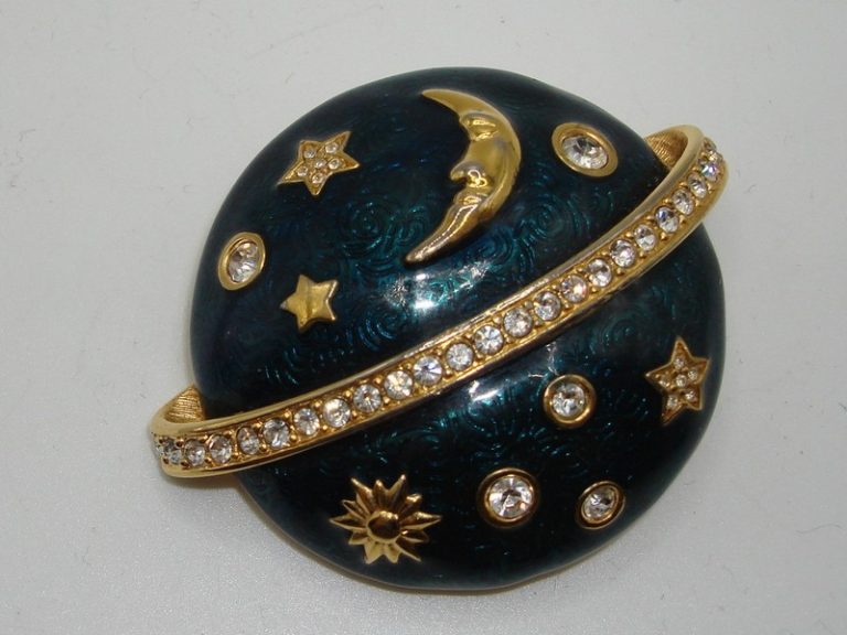 Vintage Swarovski Enamel & Crystal Moon Brooch with Blue Cloisonne and Gold-Tone Accents