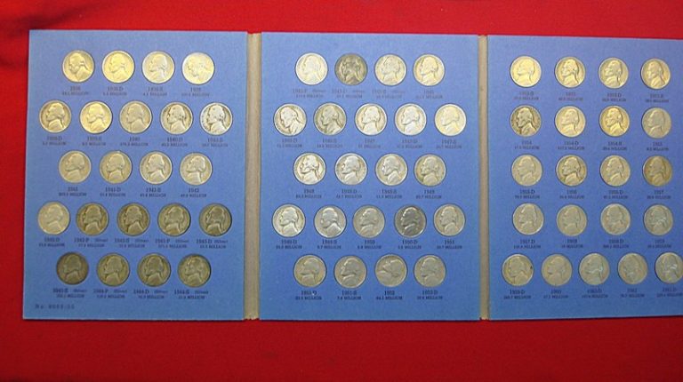 Complete circulated Jefferson nickel set (1938-1961) in Whitman folder, featuring wartime silver nickels from Philadelphia, Denver, and San Francisco mints.